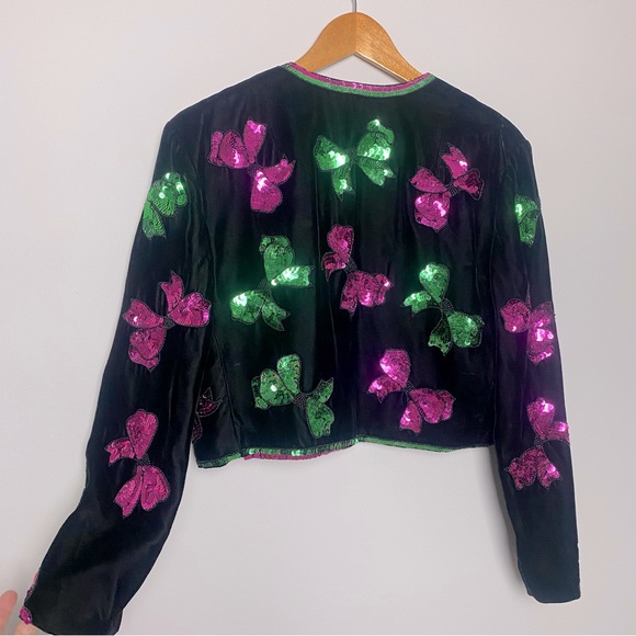 Vintage Black Velvet Sequined Beaded Bows Open Front Cropped Jacket - Picture 4 of 9